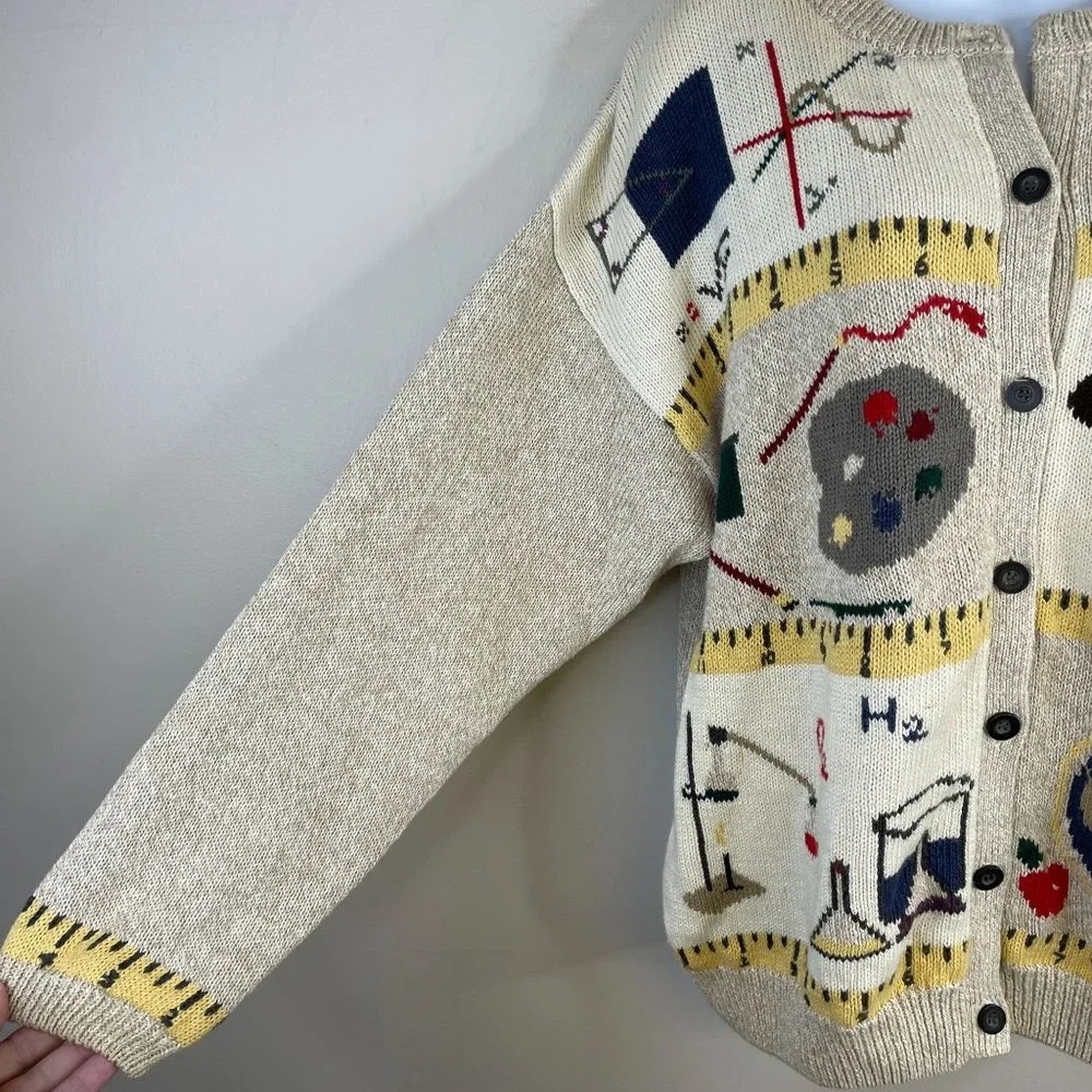 Woolrich Womens TEACHER Cardigan Sweater Sz M MATH SCIENCE Music Sports Vintage - Picture 3 of 13